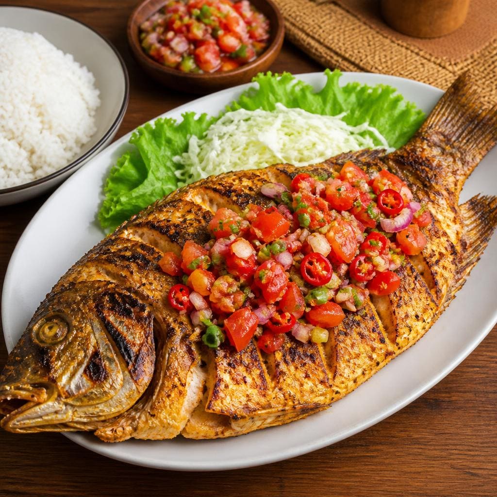 Kakap Bakar Dabu Dabu Te Sate dengan ikan kakap bakar dan sambal dabu dabu segar